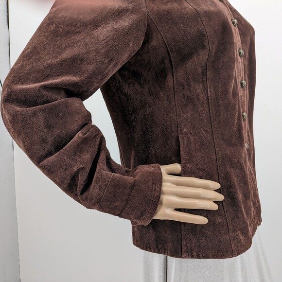 Vintage y2k Live a Little Suede Military Jacket Brown Button Front Leather L - Picture 10 of 13